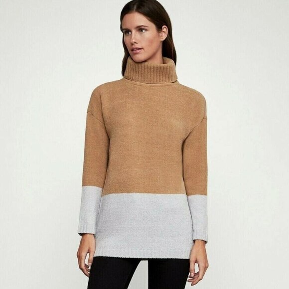 BCBG MAX AZRIA Colorblock Turtleneck Sweater Chenille Camel Gray Size Large $178 - Picture 1 of 8